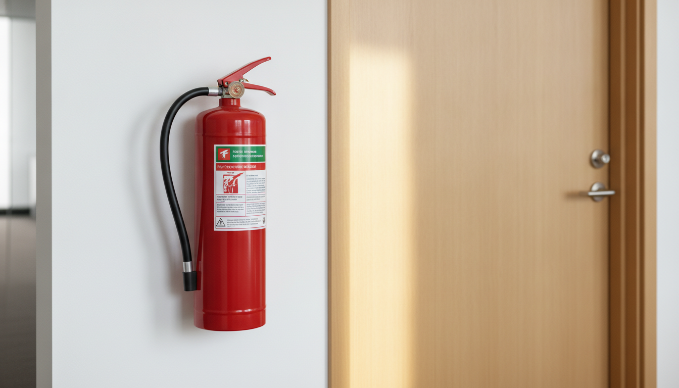 Rode brandblusser wandgemonteerd naast een deur in een kantoorgang met een ingevuld keuringslabel, brandblusser keuren verplicht kantoor