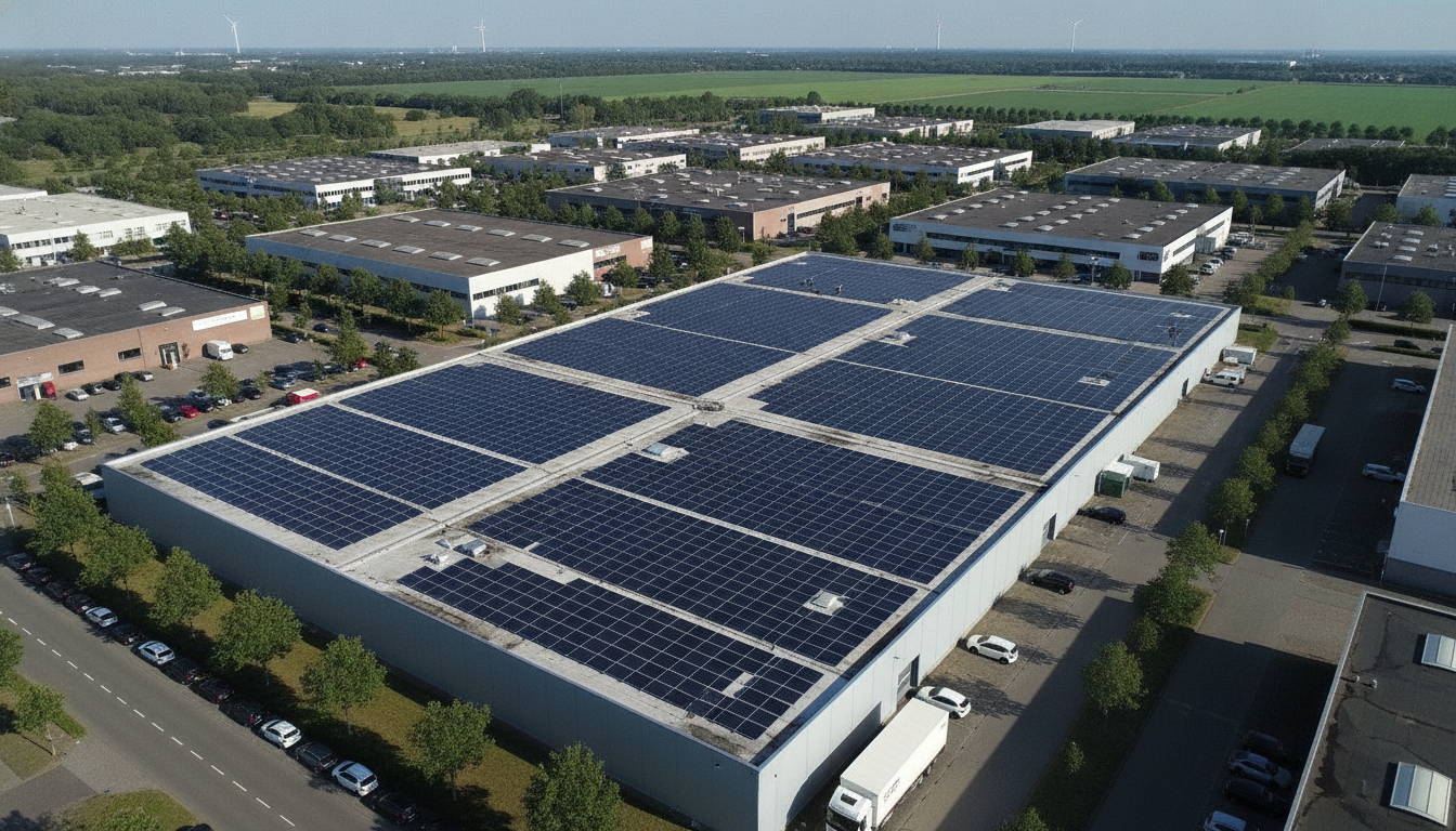 Luchtfoto van een groot bedrijfsdak vol zonnepanelen, SCIOS Scope 12 zonnepanelen verplicht